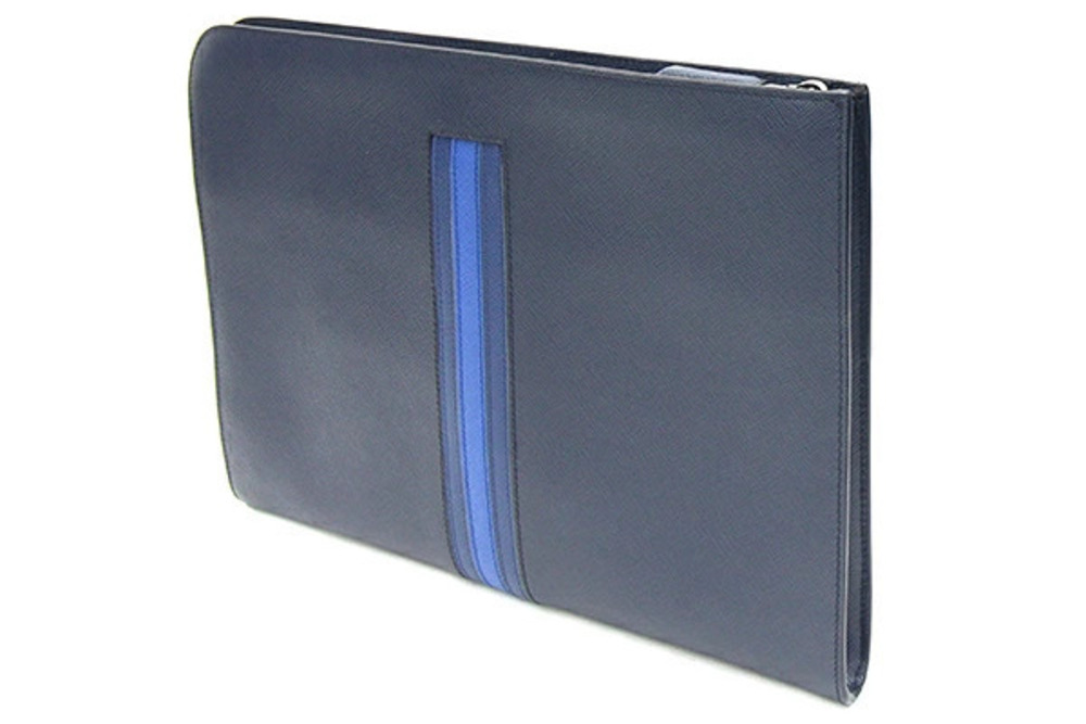 Prada Zipper Navy Leather Shoulder Blue Clutch Bag Blue